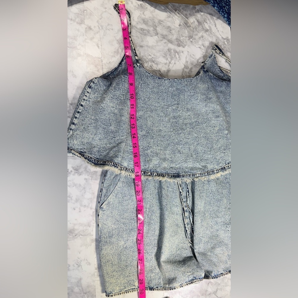 Denim faux crop top distressed look Romper 80’s, 90’s acid wash retro look - Picture 5 of 9